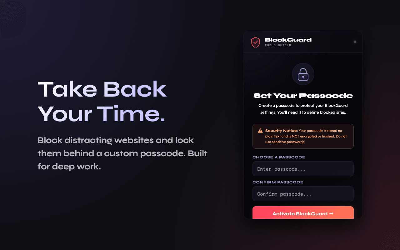 BlockGuard popup interface showing the passcode prompt
