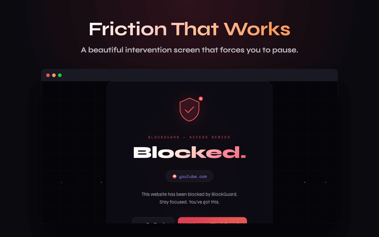 BlockGuard intervention screen shown in place of a blocked site